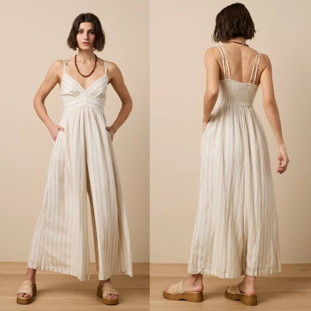 American Eagle Plunge Wide-Leg Jumpsuit Stripes Lined Size L